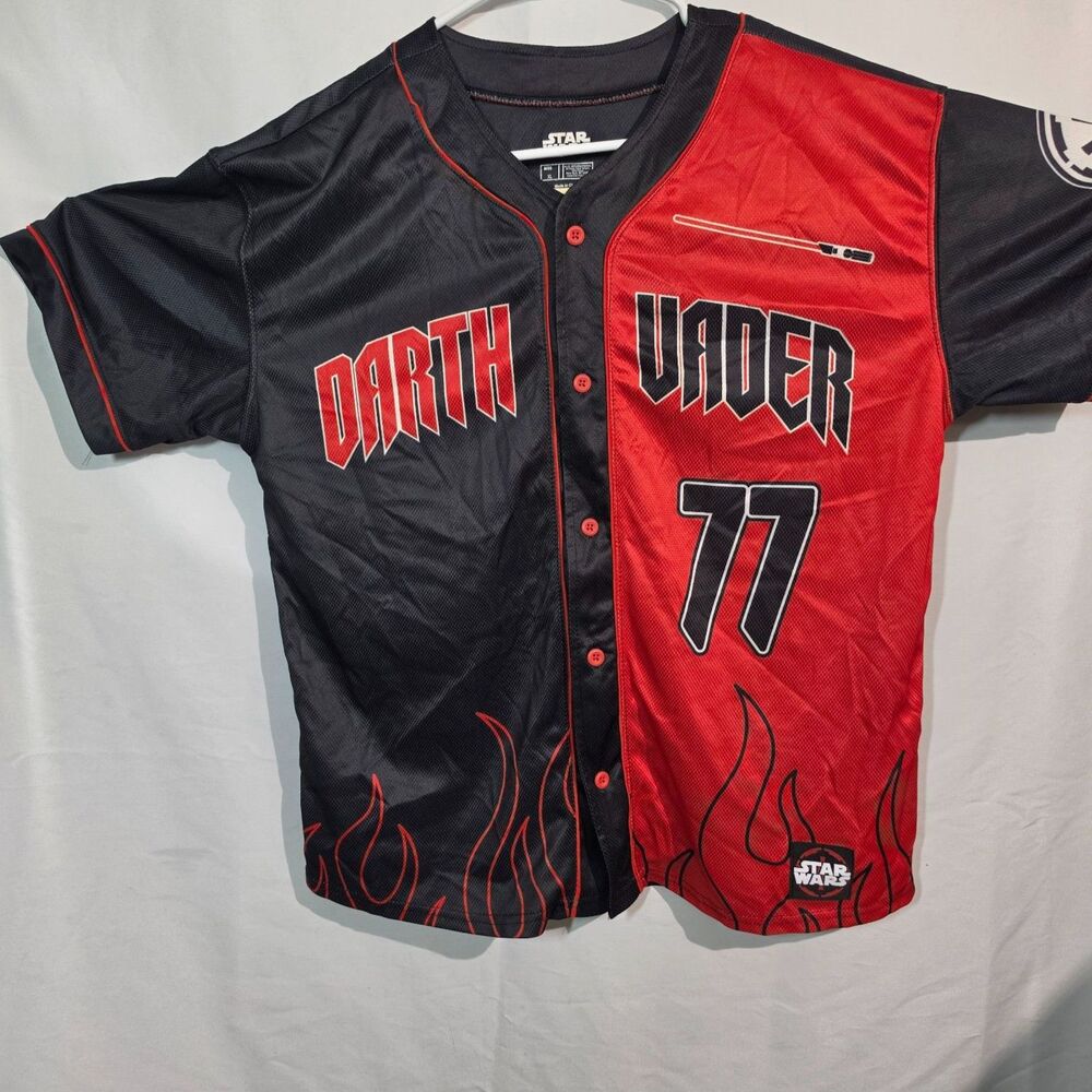 Star Wars Darth Vader Baseball Jersey Red Black Flame Print Graphic Top XL